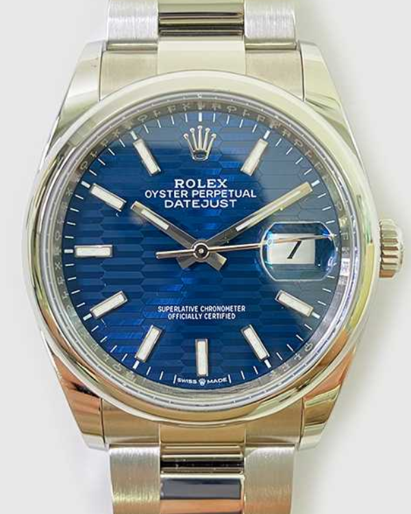 Rolex Datejust Bright Blue Fluted Motif Dial Fluted Bezel 36mm