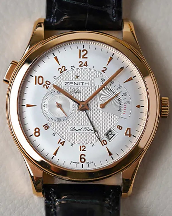 Zenith Elite Grande Class Dual Time 44MM Silver Dial Leather Strap