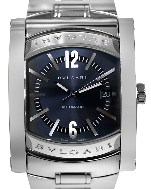 Bvlgari Assioma in Steel on Black Alligator Leather Strap with Blue Dial AA48S box & papers