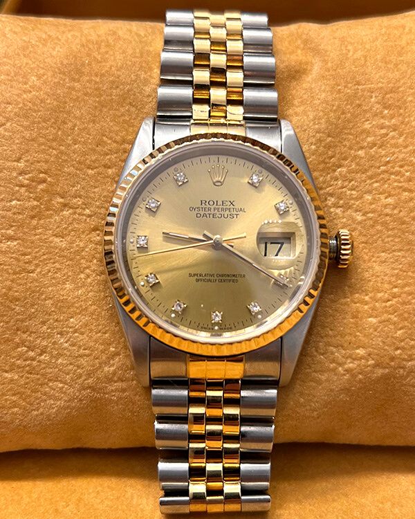 kande indhente hjælpe Rolex Datejust 36 Yellow Gold/Oystersteel Champagne Dial Diamond Marke –  Grailzee