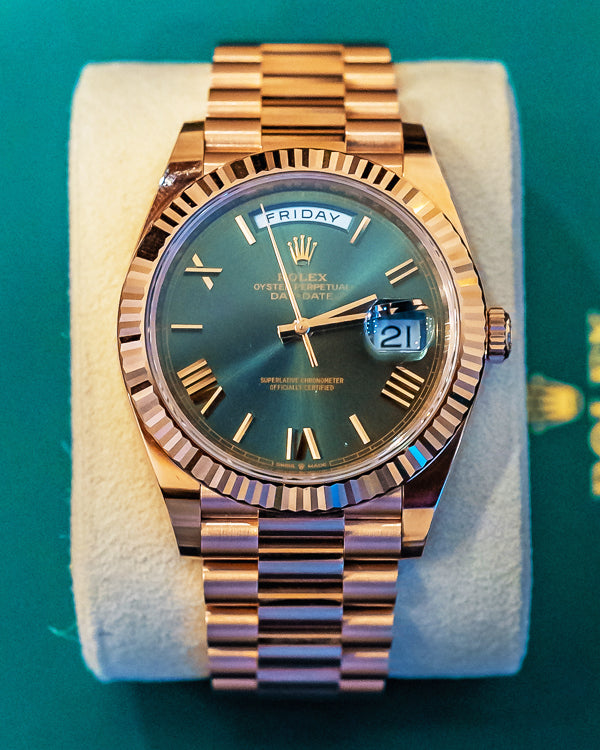 Rolex Day-Date 40 President Rose Gold Olive Green Roman Dial 228235 