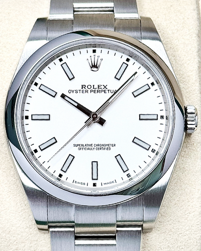 2018 Discontinued Rolex Oyster Perpetual 39MM White Dial Steel Bracelet (114300)