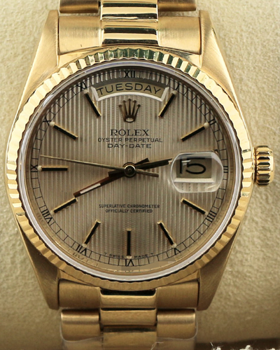 1985 (8.7 Mil Serial) Rolex Day-Date 36MM Champagne "Tapestry" Dial Yellow Gold President Bracelet (18038)