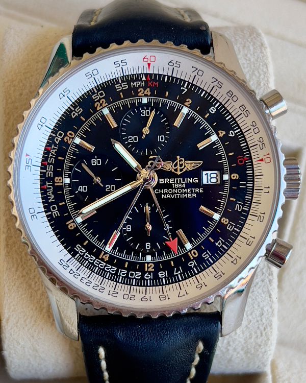 Breitling Navitimer World GMT 46MM Black Dial Leather Strap (A24322)