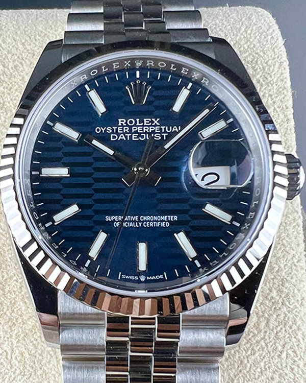 2023 Rolex Datejust 36 Jubilee Oystersteel and White Gold Fluted Bezel Blue "Motif" Dial (126234)