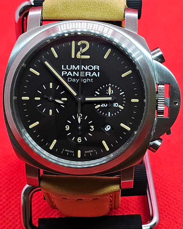 2012 (Serial O) Panerai Luminor Chrono Daylight 44MM Black Dial Leather Strap (PAM00356)