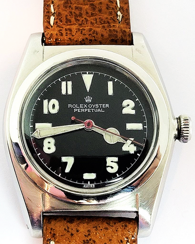 Rare Rolex Oyster Perpetual "Bubble Back" 32MM Black Dial Aftermarket Leather Strap (2940)