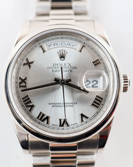 2000 (P Serial) Rolex Day-Date 36MM Silver Dial Platinum President Bracelet (118206)
