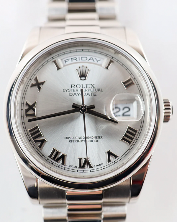 2000 (P Serial) Rolex Day-Date 36MM Silver Dial Platinum President Bracelet (118206)