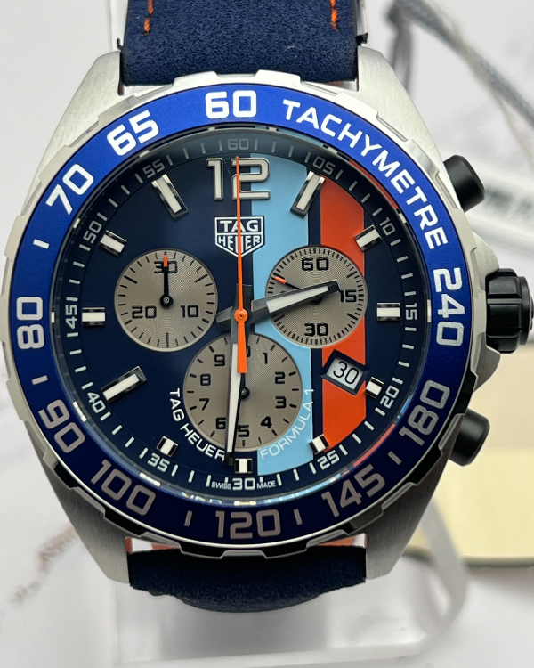 TAG Heuer Formula 1 Gulf Edition 43MM Quartz Blue Dial Leather Strap (CAZ101N.FC8243)