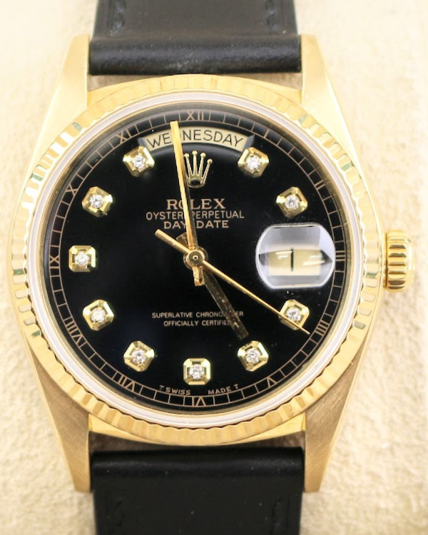 1987 Rolex Day-Date Vintage 36MM Black Dial Leather Strap (18038)