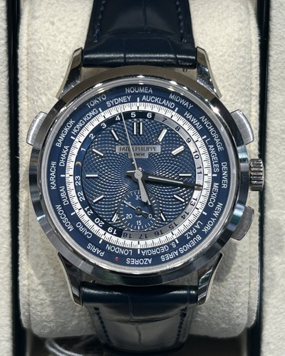 Patek Philippe World Time Chronograph 39.5MM Blue Dial Leather Strap (5930G-001)