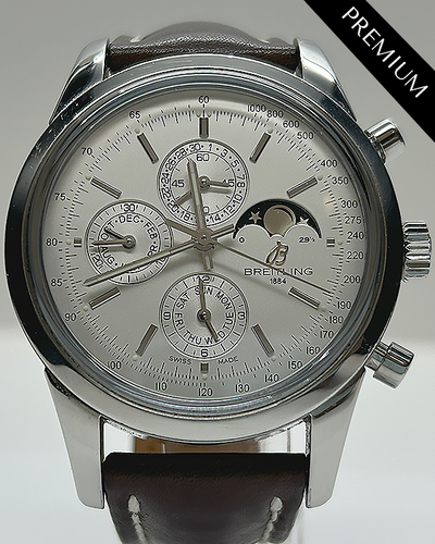 Breitling Transocean Chronograph 1461 43MM Silver Dial Leather Strap (A19310)