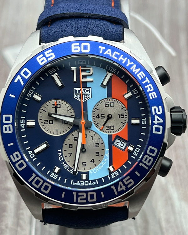 2022 TAG Heuer Formula 1 Gulf Edition 43MM Quartz Blue Dial Leather Strap (CAZ101N.FC8243)