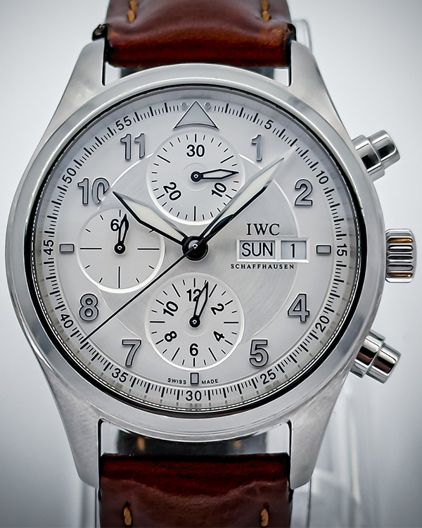 2012 IWC Pilot Spitfire Chronograph 42MM Silver Dial Aftermarket Leather Strap (IW371702)