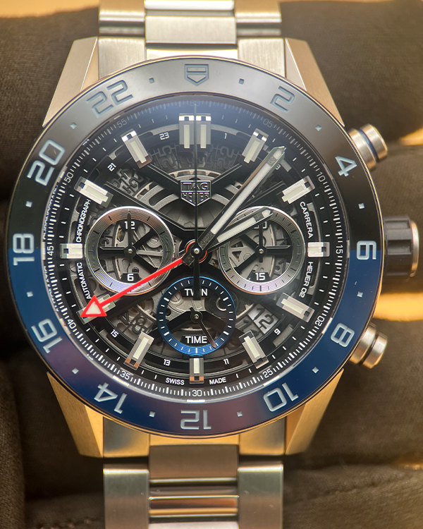 2022 TAG Heuer Carrera Chronograph Twin-Time 45MM Skeleton Dial Steel Bracelet (CBG2A1Z.BA0658)