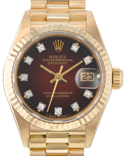 Rolex Lady-Datejust 26MM Red "Vignette" Dial Yellow Gold Bracelet (69178)