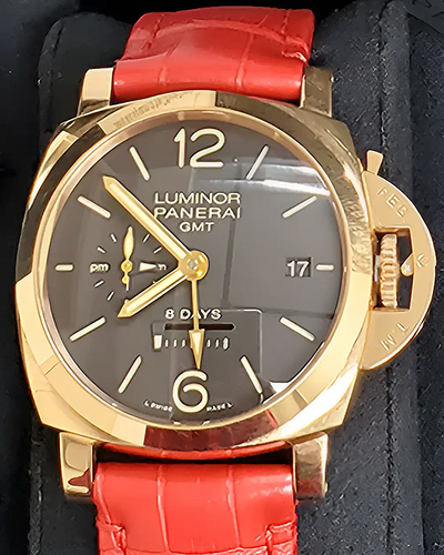 2022 Panerai Luminor 1950 8 Days GMT 44MM Brown Dial Aftermarket Leather Strap (PAM00576)