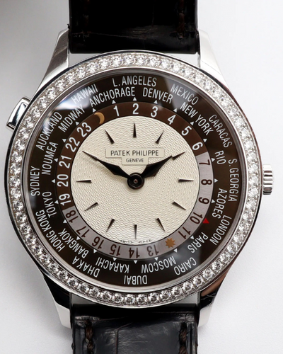 2011 Patek Philippe World Time 36MM White Gold Factory Diamonds Brown-Ivory Dial Leather Strap (7130G-001)