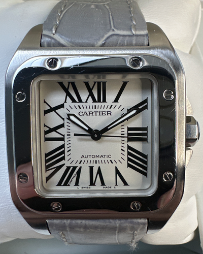 Cartier Santos 100 33MM Silver Dial Aftermarket Leather Strap (2878)