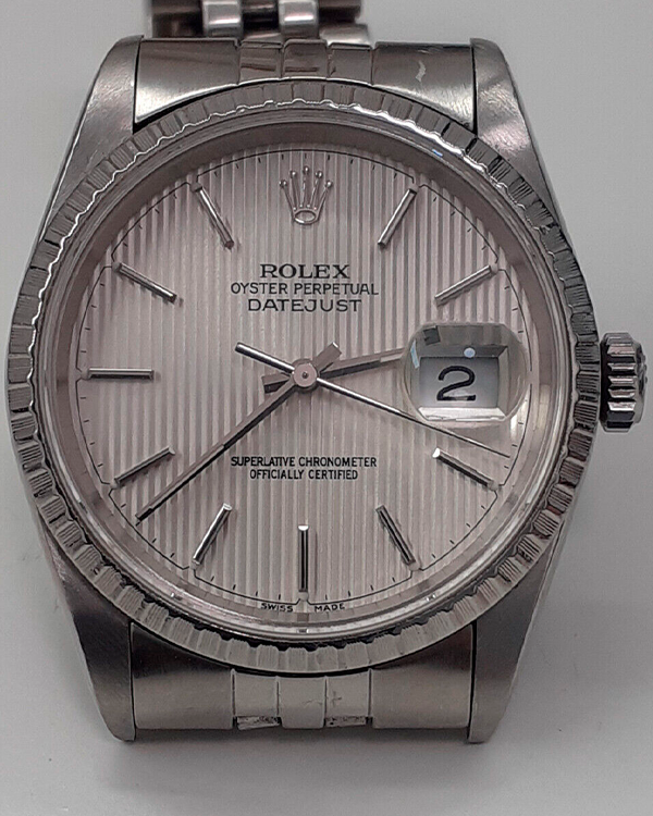 1990 (E Serial) Rolex Datejust 36MM Tapestry Silver Dial Jubilee Bracelet (16220)