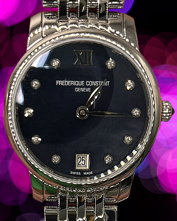 No Reserve - Frederique Constant Slimline Date 30MM Quartz Grey Mother of Pearl Steel Bracelet (FC-220MPBD1S26B)