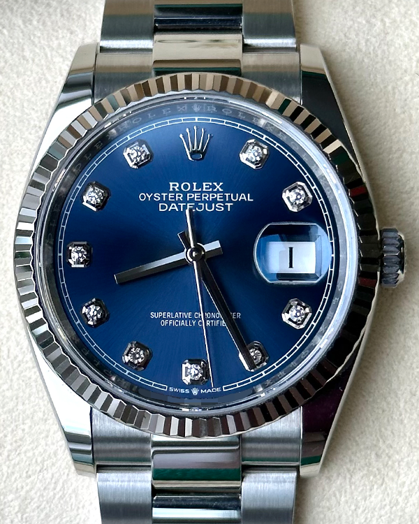 Rolex Datejust 36 Oystersteel Fluted Bezel Factory Diamonds Blue Dial (126234)
