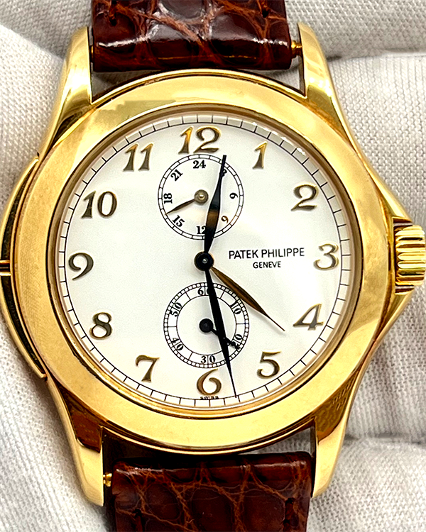 2002 Patek Philippe Calatrava Travel Time 37MM White Dial Leather Strap (5134J-001)