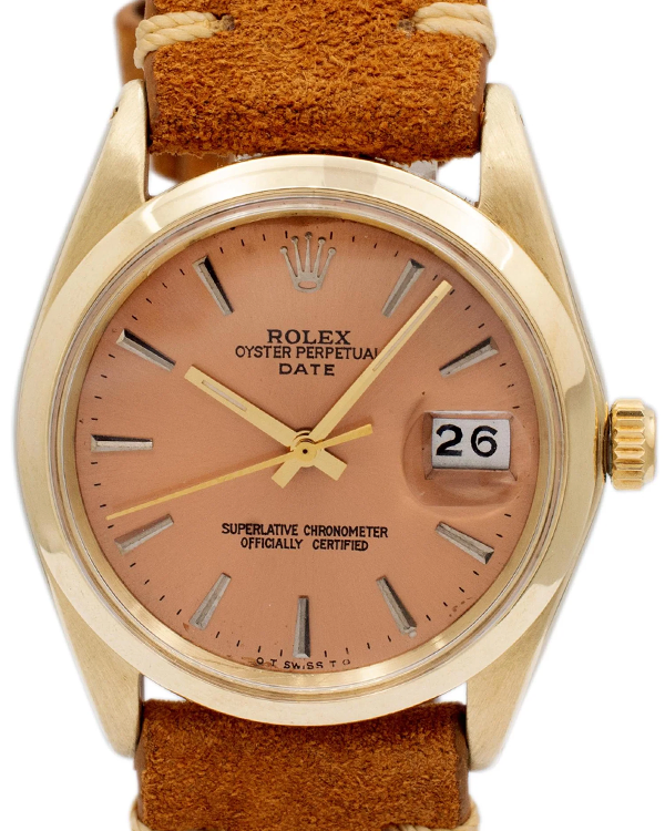 1966 (1.4 Mill. Serial) Rolex Oyster Perpetual Date 34MM Salmon Dial Aftermarket Leather Strap (1500)