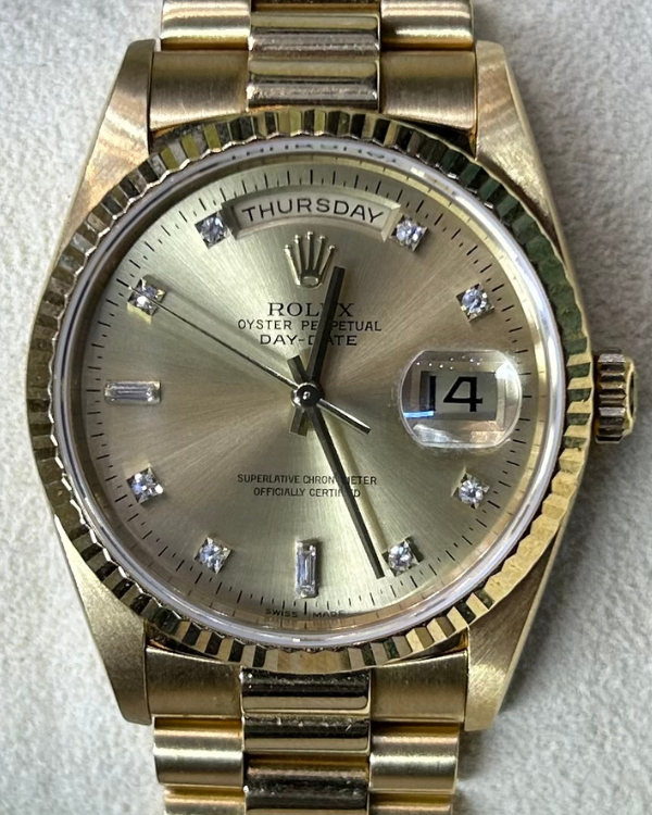 1998 Rolex Day-Date 36MM President Yellow Gold Factory Diamonds Champagne Dial (18238)