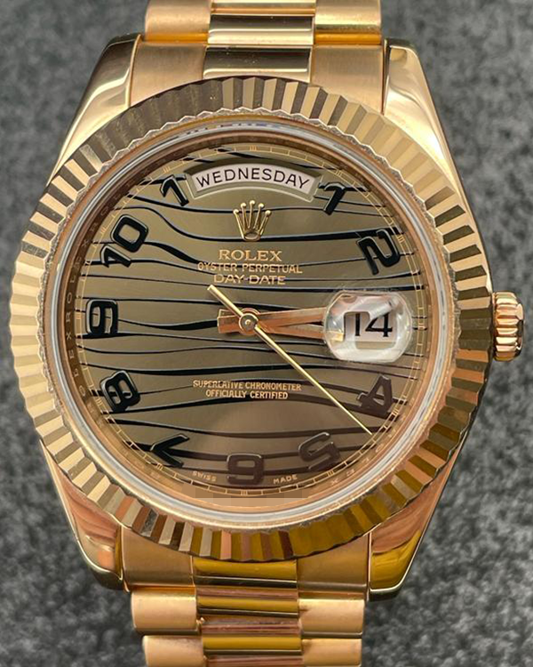 Rolex Day-Date II 41MM President Bracelet Rose Gold Brown "Wave" Dial (218235)