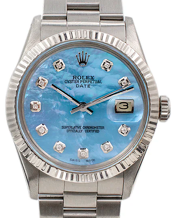 Rolex Oyster Perpetual 34MM Aftermarket Blue Mother of Pearl Dial Steel Bracelet (15010)