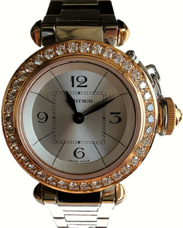 Cartier Pasha 27MM Steel Rose Gold Diamond Bezel Silver Dial Bracelet (WJ124021)