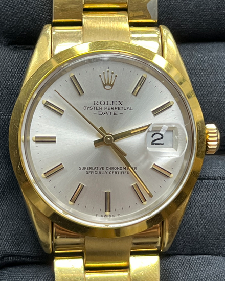 Rolex Oyster Perpetual Date 34MM Silver Dial Gold Plated Bracelet (15505)