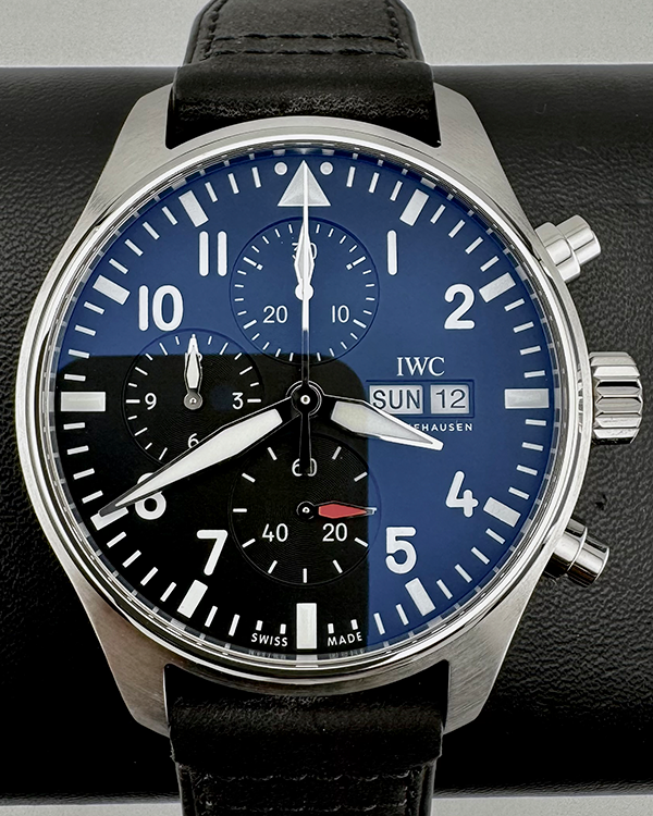 No Reserve - 2024 IWC Schaffhausen Pilot Chronograph 43MM Black Dial Leather Strap (IW378001)