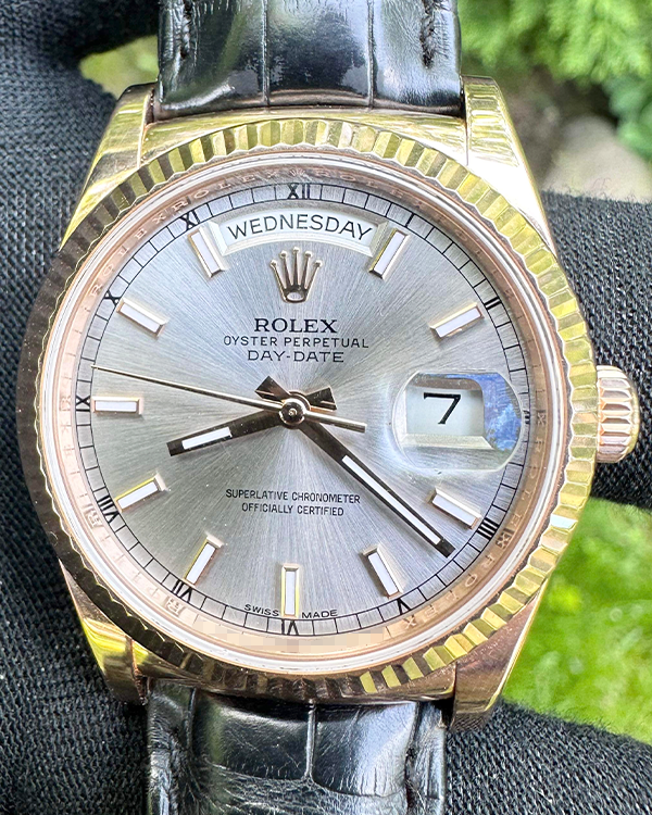 Rolex Day-Date 36MM Silver Dial Leather Strap (118135)