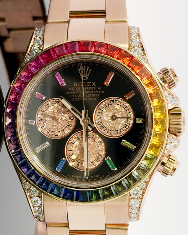 Rolex Cosmograph Daytona "Rainbow" 40MM Aftermarket Bezel Black Dial Rose Gold Bracelet (116505)