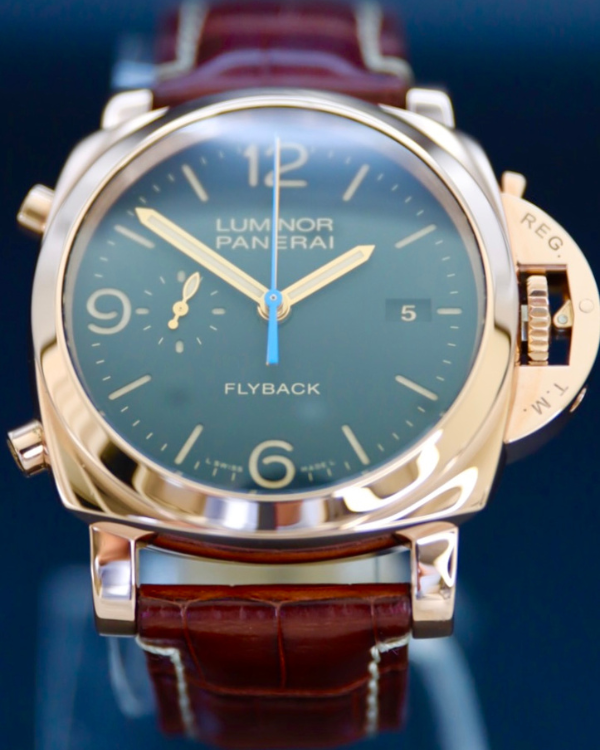 2018 Panerai Luminor 1950 3 Days Chrono Flyback 44MM Rose Gold Strap Black Dial (PAM00525)