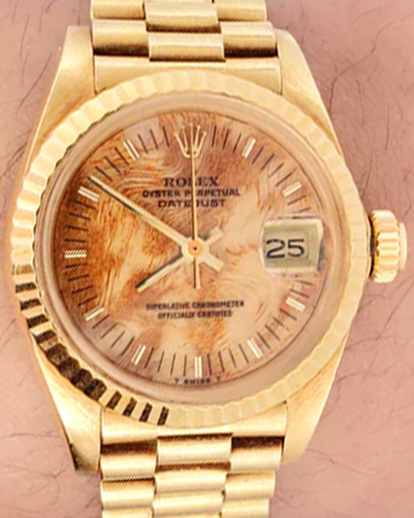 Rolex Lady-Datejust Vintage 26MM Wood Dial Yellow Gold President Bracelet (6917)