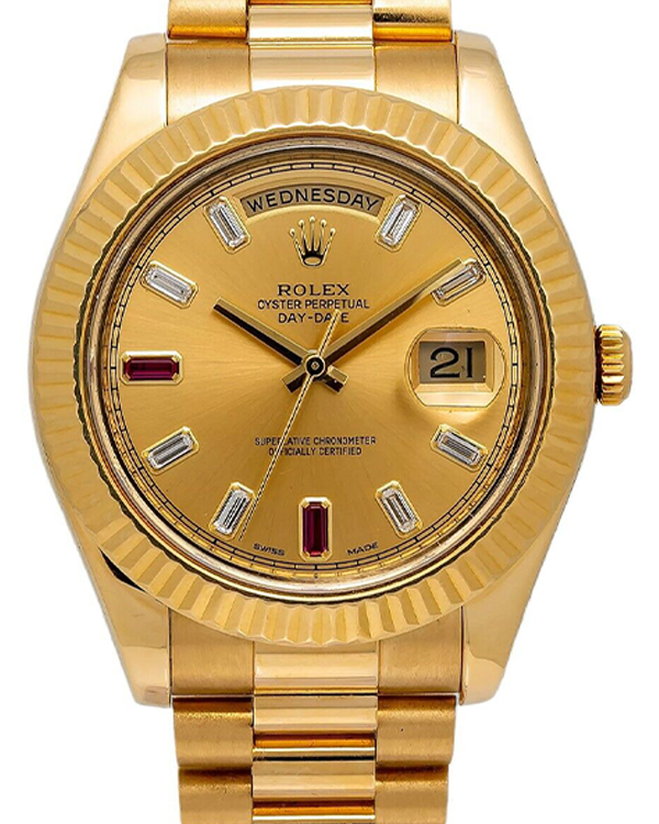 2012 Rolex Day-Date II 41MM President Bracelet Yellow Gold Factory Diamond/Ruby Champagne Dial (218238)