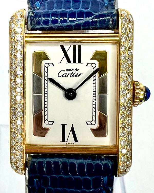 Cartier Vermeil Tank 21x28MM Quartz White Dial Leather Strap Aftermarket Diamonds (5057001)