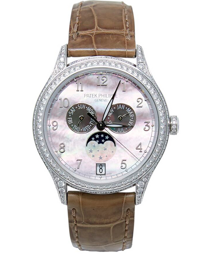 2017 Patek Philippe Annual Calendar 38MM Diamonds Mother Of Pearl Dial Leather Strap (4948G-001)