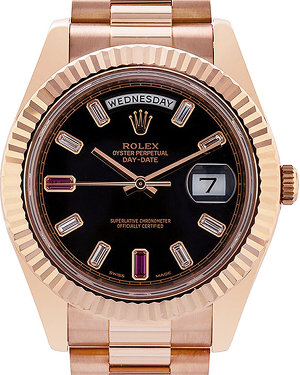 2013 Rolex Day-Date II 41MM President Bracelet Everose Gold Factory Diamond/Ruby Black Dial (218235)