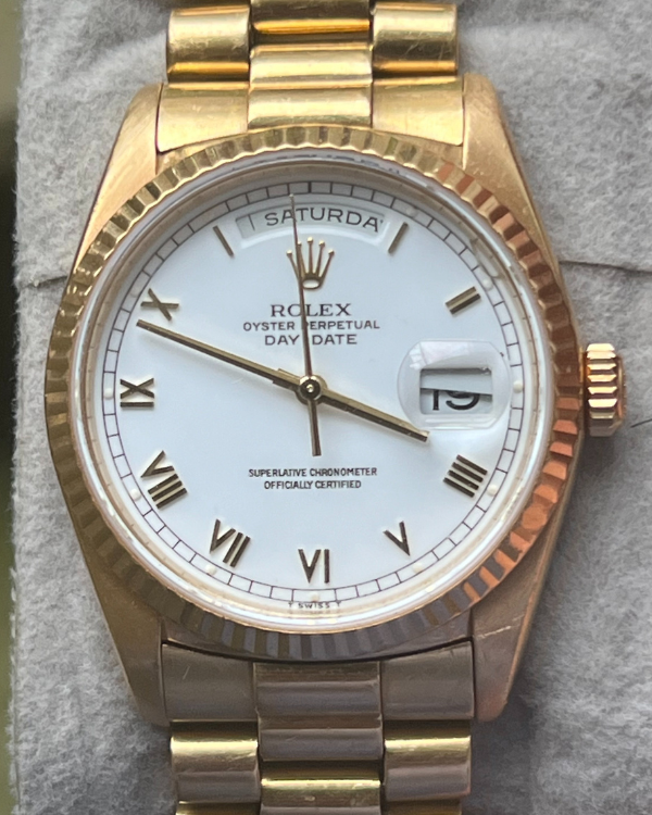 Rolex Day-Date 36MM White Dial Yellow Gold President Bracelet (18238)