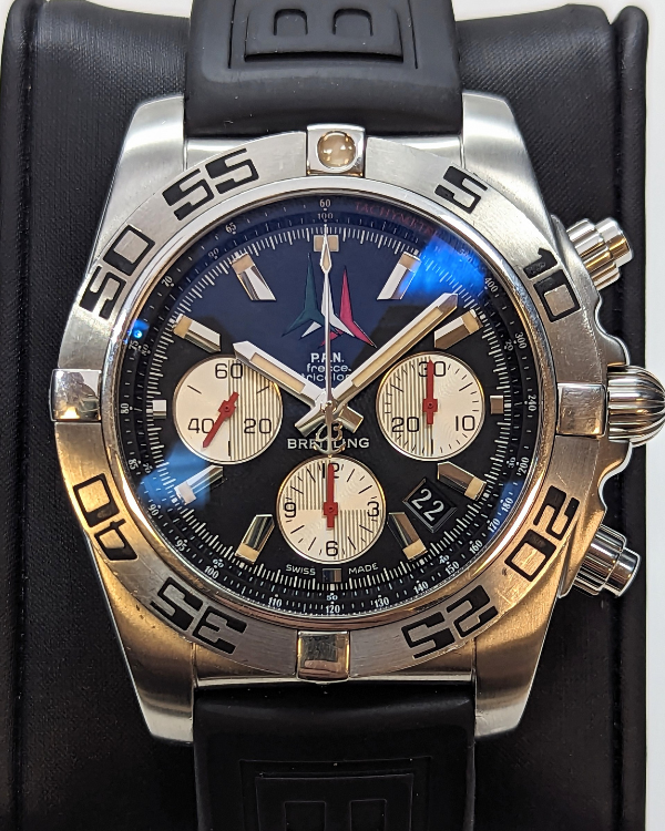 2014 Breitling Chronomat 44MM P.A.N. Freece Tricolori Steel Strap Black Dial (AB01104D/BC62)