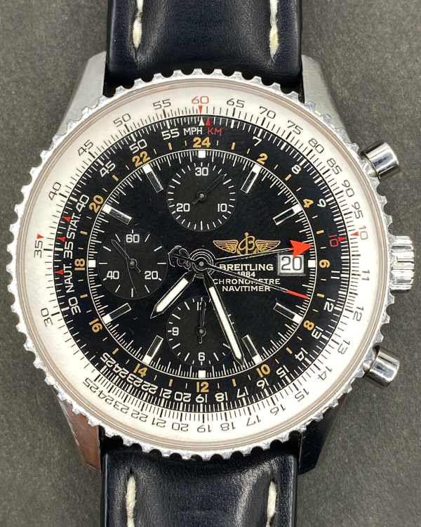 Breitling Navitimer World GMT Chronograph 46MM Black Dial Leather Strap (A2432212)