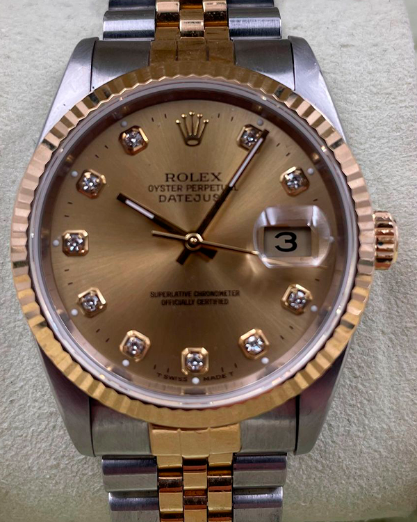 1995 Rolex Datejust 36 Jubilee Two Tone Steel Yellow Gold Factory Diamond Champagne Dial (16233)