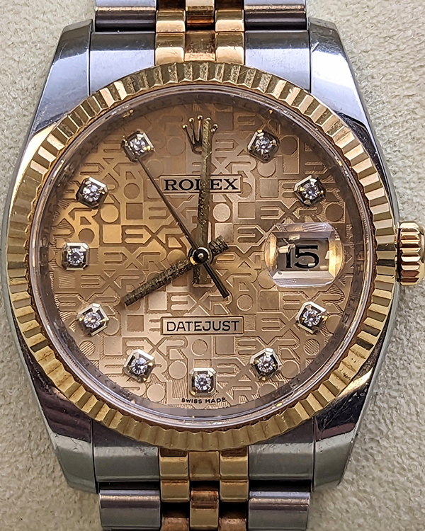 2008 Rolex Datejust 36 Two-Tone Factory Diamonds Champagne Dial (116233)