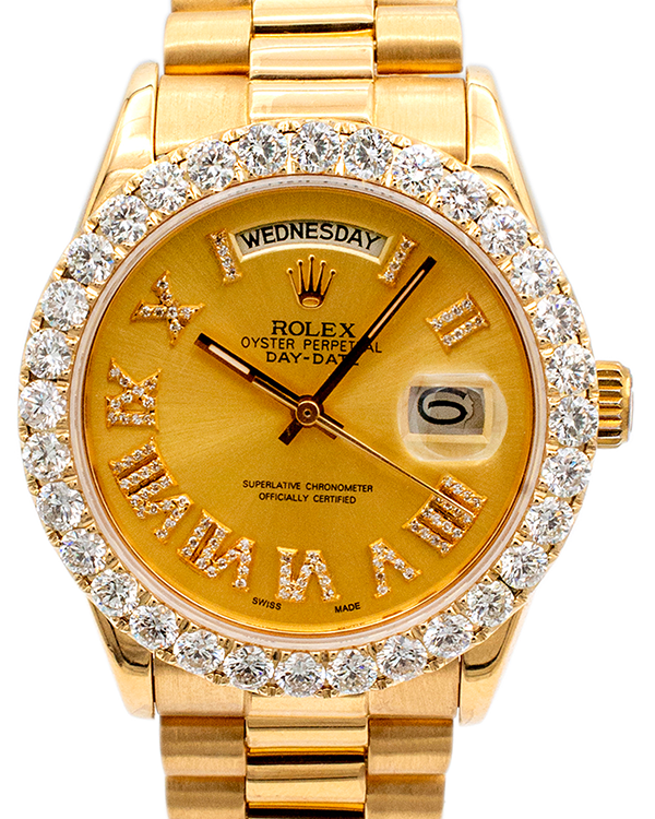 Rolex Day-Date 36MM Champagne Dial Yellow Gold President Bracelet Aftermarket Diamonds (18038)