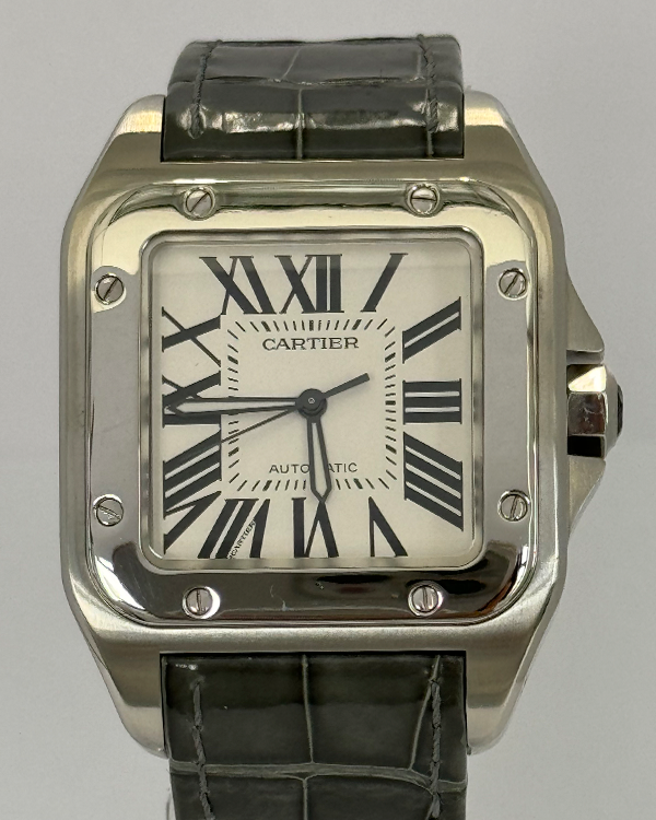 Cartier Santos 100 De Cartier 38x51MM White Dial Leather Strap (2656)